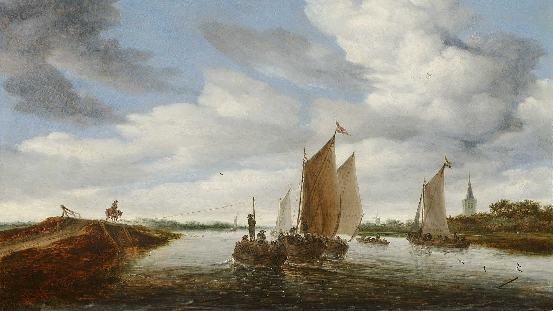 Речной пейзаж с парусными лодками и баржей, запряжённой лошадью, Саломон ван Рёйсдал